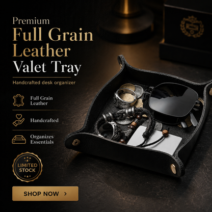 Premium Full Grain Leather Valet Tray - Handcrafted Desk Organizer for Keys, Watch & Sunglasses
