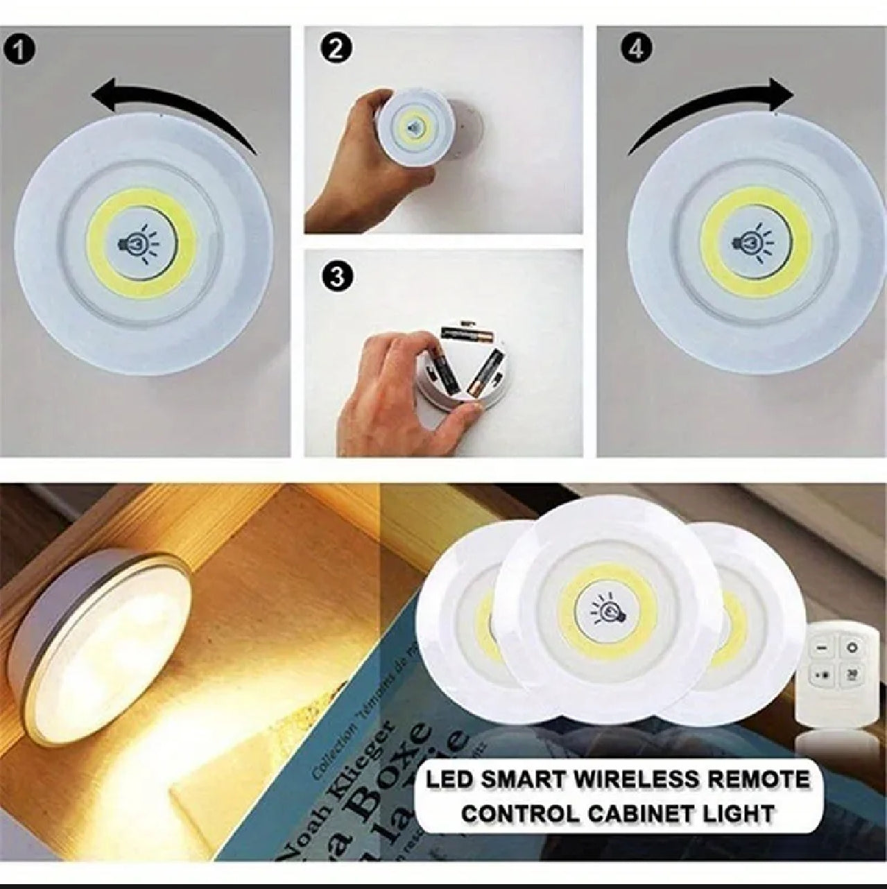 3-Pack Wireless White LED Puck Lights with Remote Control
