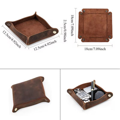 Premium Full Grain Leather Valet Tray - Handcrafted Desk Organizer for Keys, Watch & Sunglasses